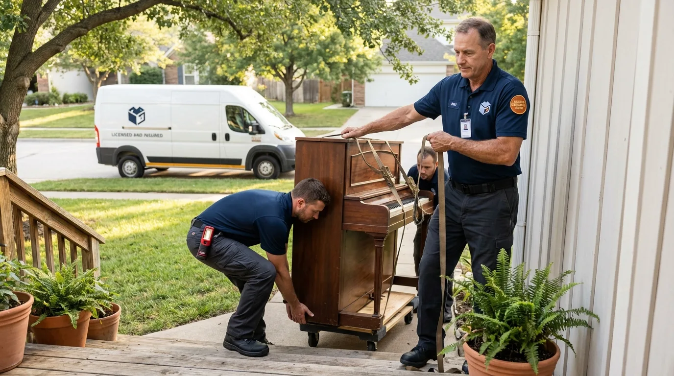 Licensed piano movers securing grand piano in Montgomery Village, MD
