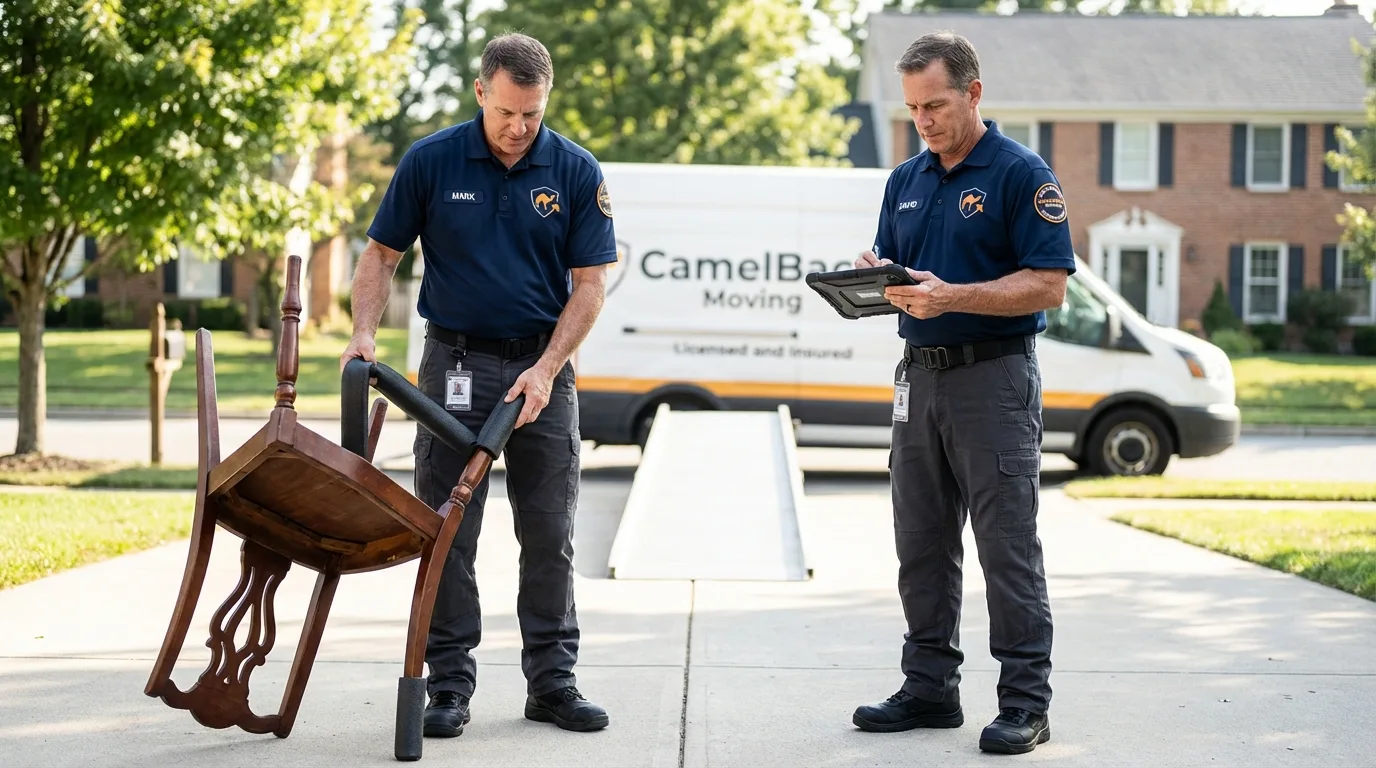 Movers inspecting furniture for damage prevention before loading in Montgomery Village, MD