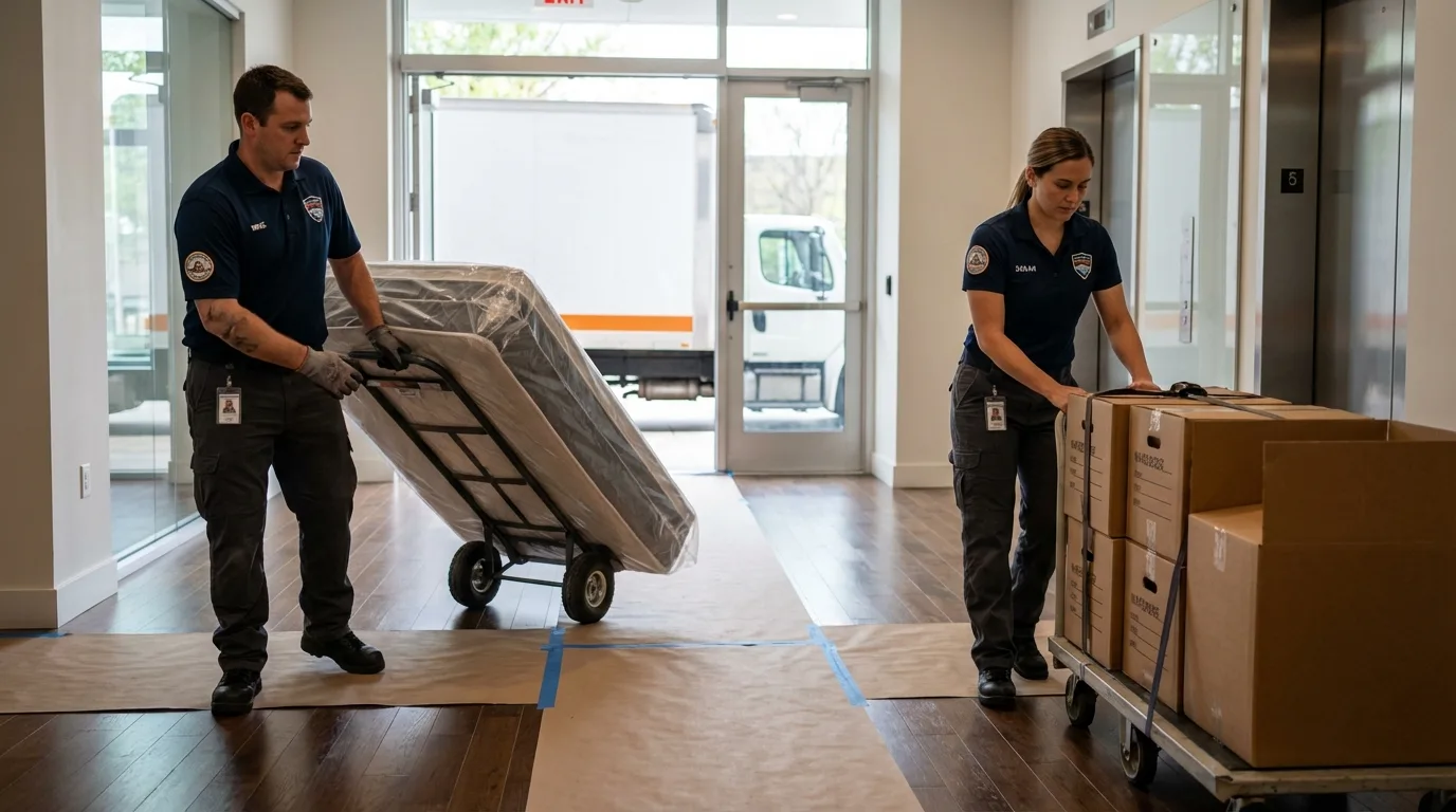 Professional apartment movers loading elevator in Montgomery Village, MD