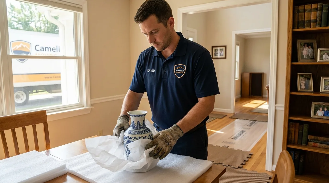 Professional crew carefully wrapping antique vase for senior downsizing move in Montgomery Village, MD